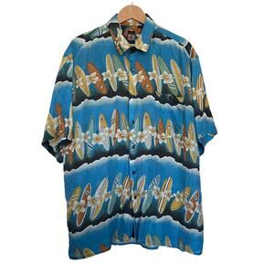 Vtg Montage Tropics Hawaiian Shirt 100% Silk Surf‎ Boards Hibiscus Size XL